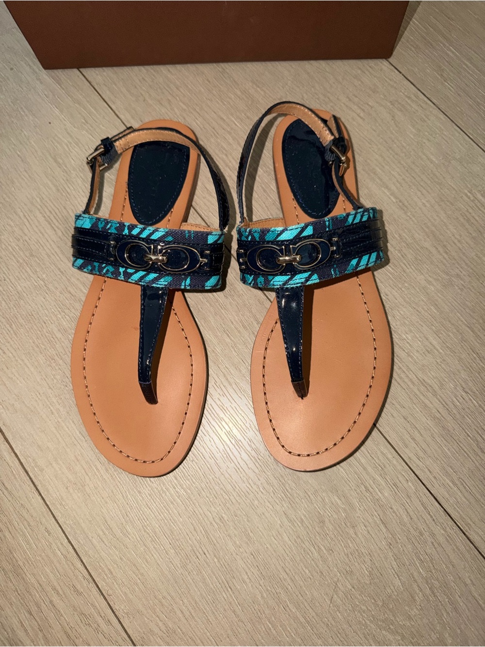 Coach Navy and Turquoise T-Strap Sandals